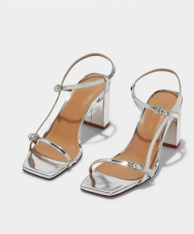 Strappy Silver High Block Heels